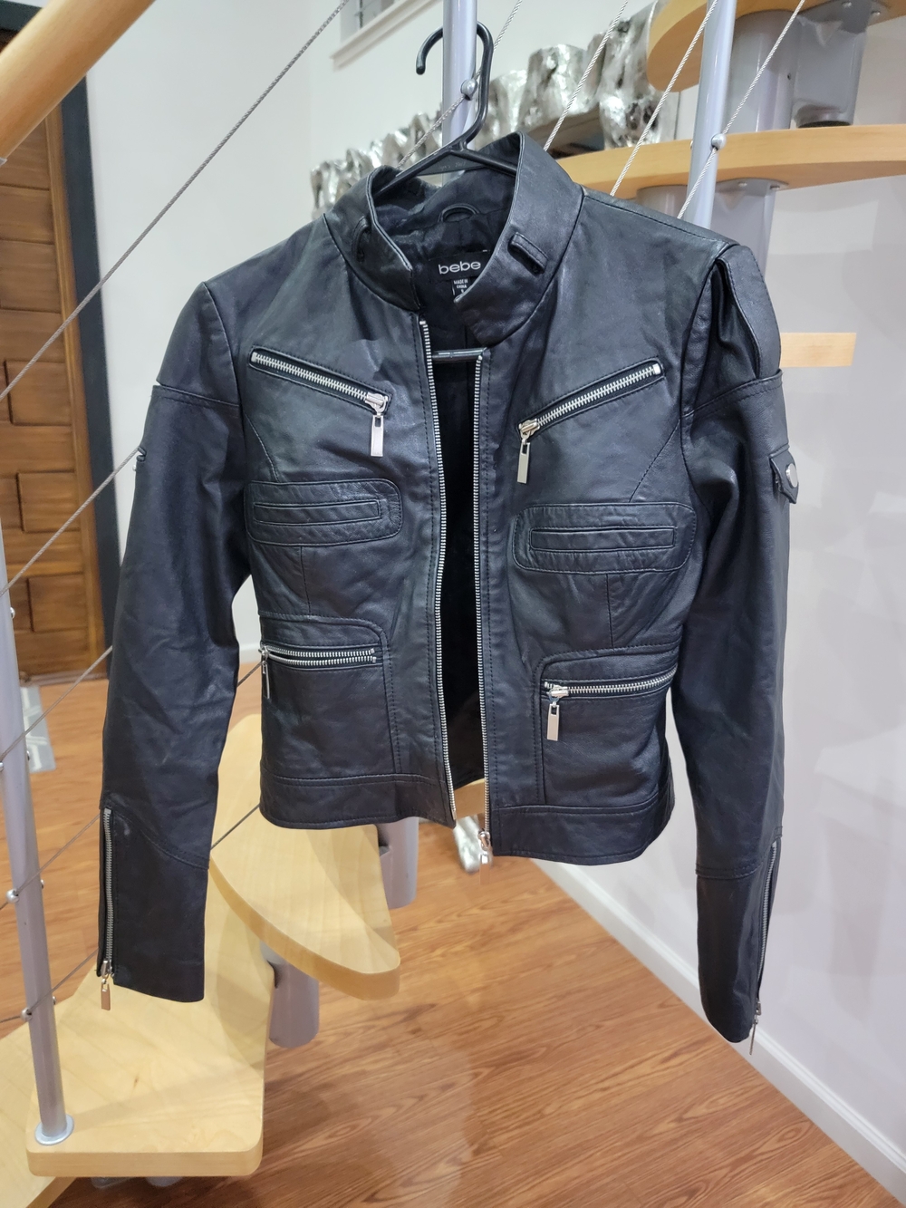 bebe Black Leather Moto Jacket with Silver Zippers